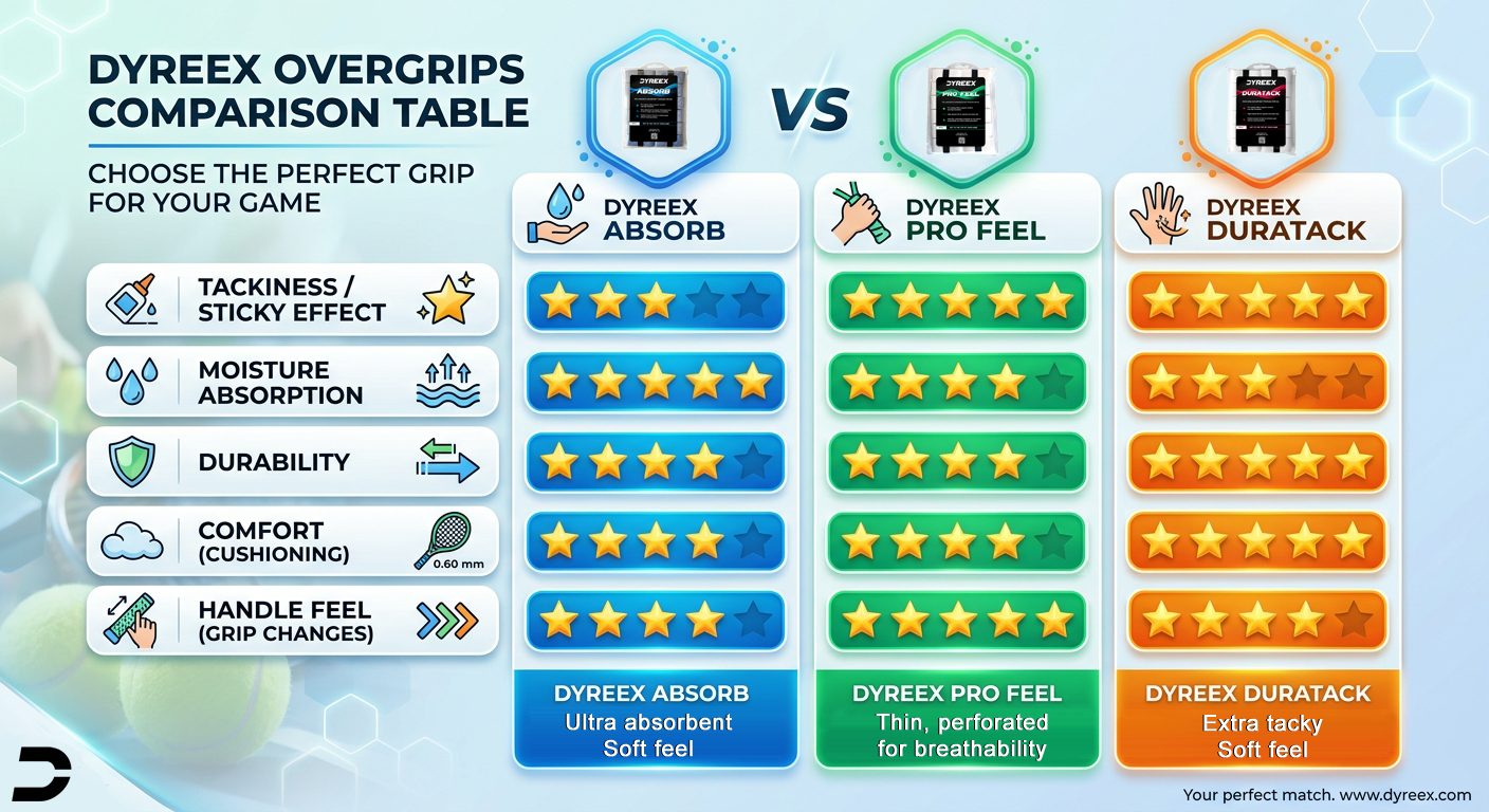 Dyreex tennis overgrip comparison table - Which overgrip for me